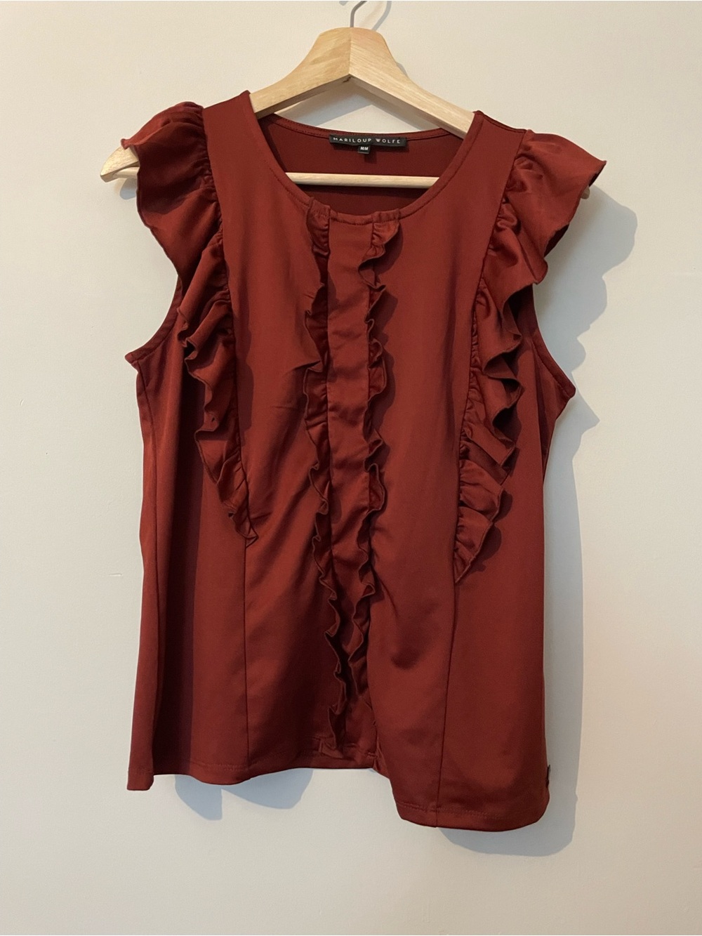 Ruffle-Trim Sleeveless Blouse in Rust
